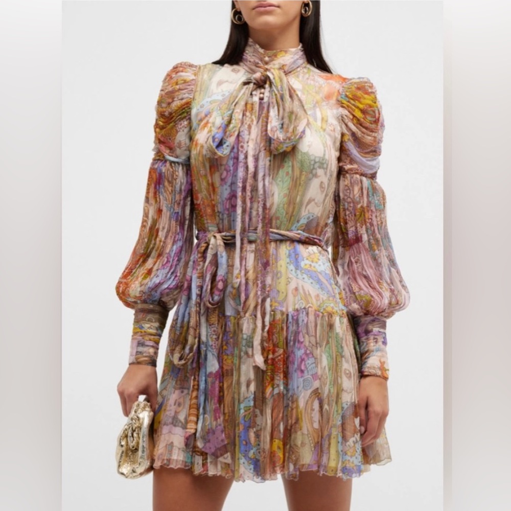 Zimmermann Kaleidoscope Pleated High-Neck Mini Dress.